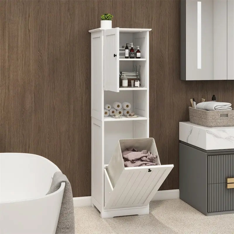 White Tilt-Out Laundry Sorter Cabinet with Open Shelf and Door
