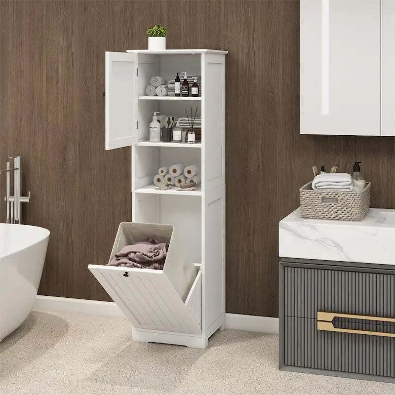 White Tilt-Out Laundry Sorter Cabinet with Open Shelf and Door