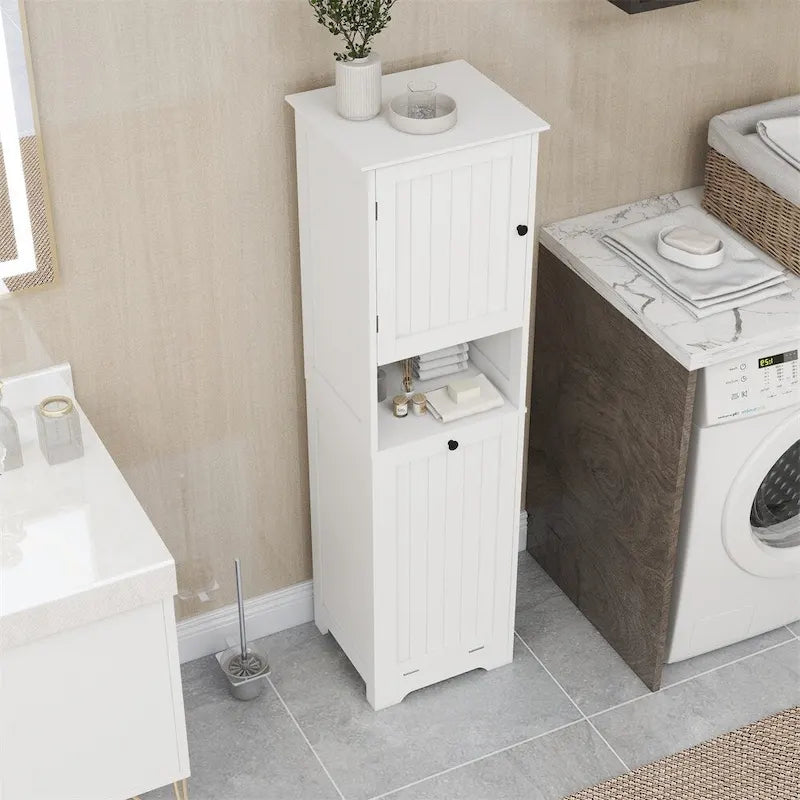 White Tilt-Out Laundry Sorter Cabinet with Open Shelf and Door