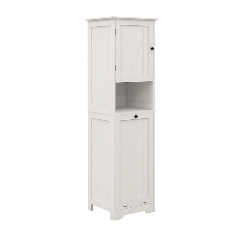 White Tilt-Out Laundry Sorter Cabinet with Open Shelf and Door
