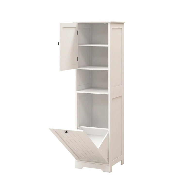 White Tilt-Out Laundry Sorter Cabinet with Open Shelf and Door