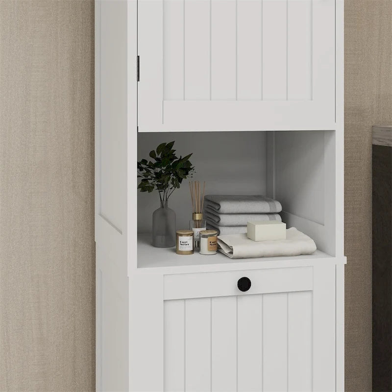 White Tilt-Out Laundry Sorter Cabinet with Open Shelf and Door