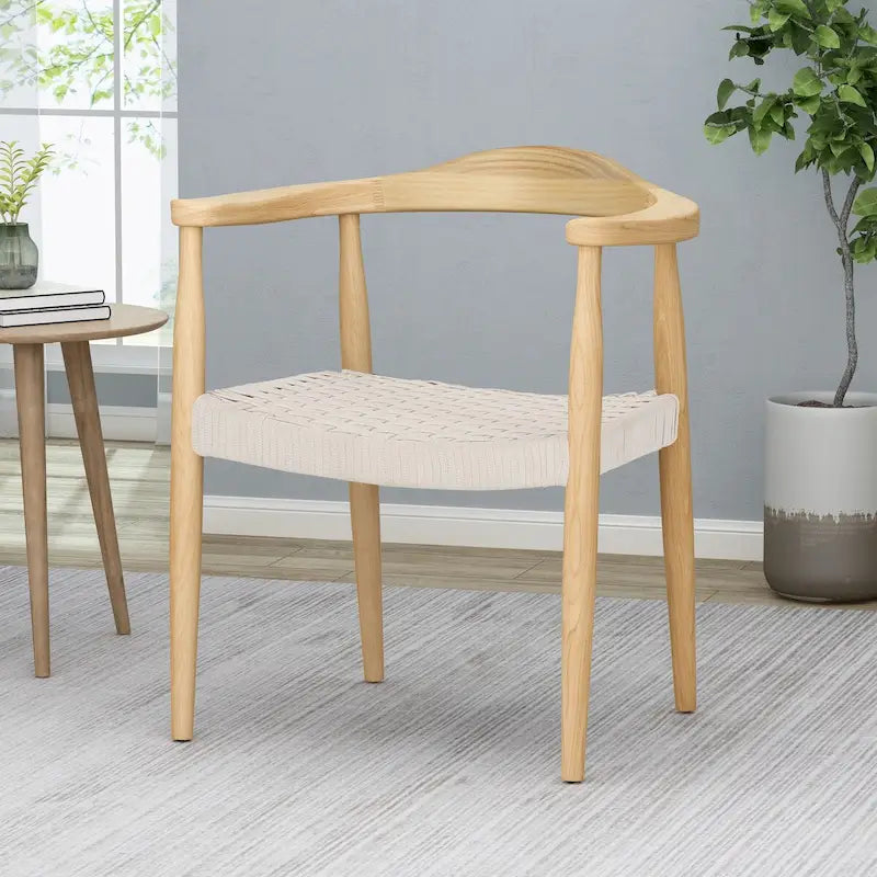 Mid-Century Modern Ash Wood Flat Rope Weave Accent Chair White
