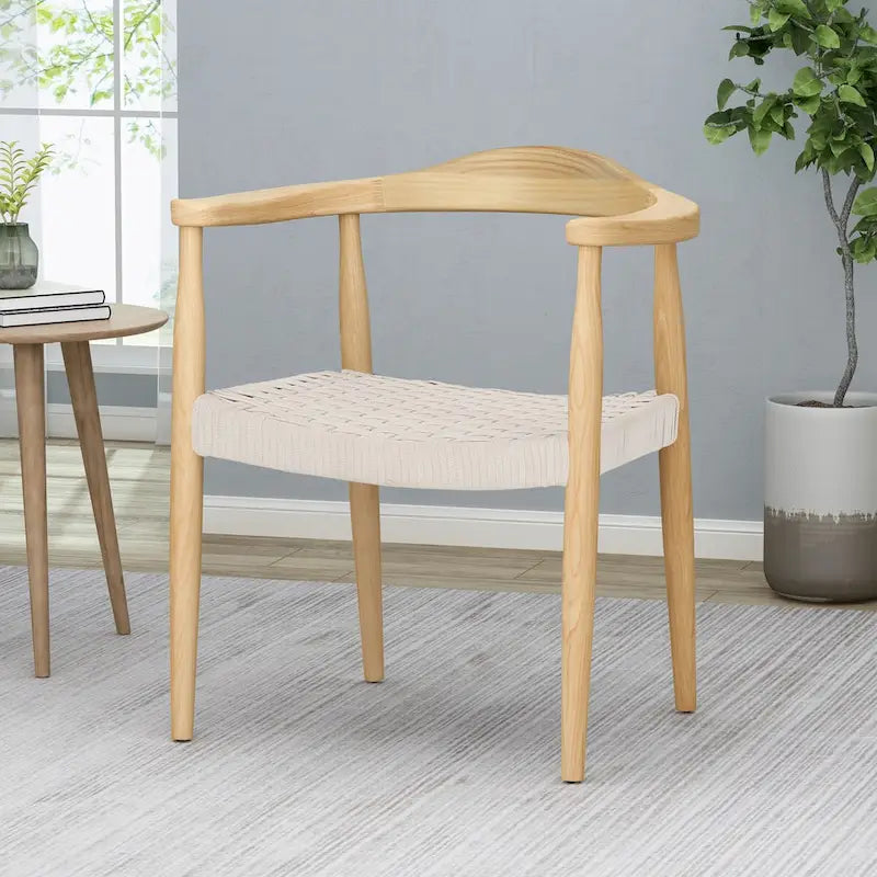 Mid-Century Modern Ash Wood Flat Rope Weave Accent Chair White