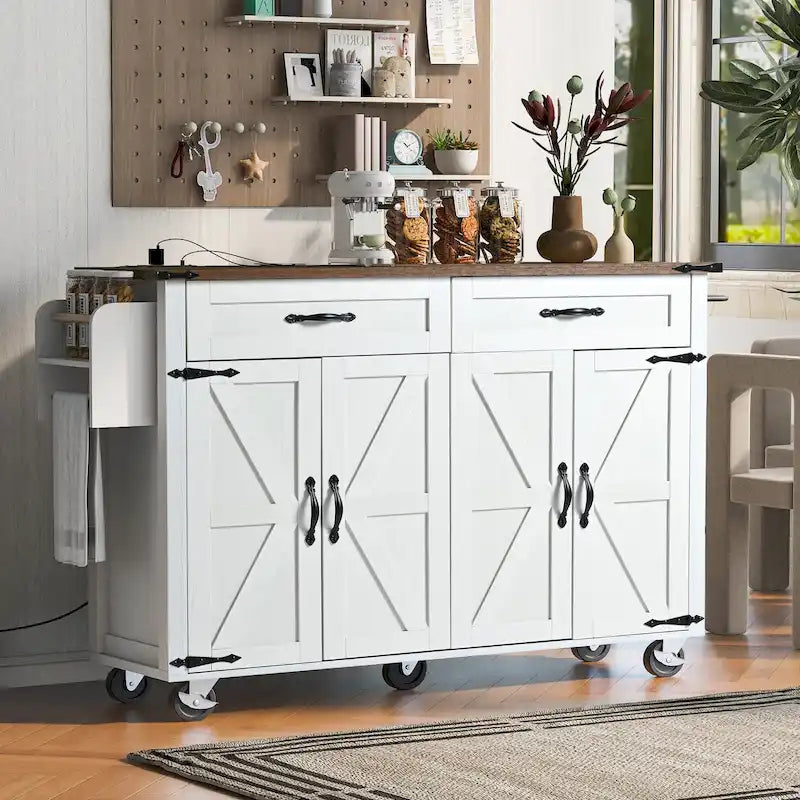 Rolling Kitchen Island Cart with Power Outlet, Drawers and Cabinet Storage