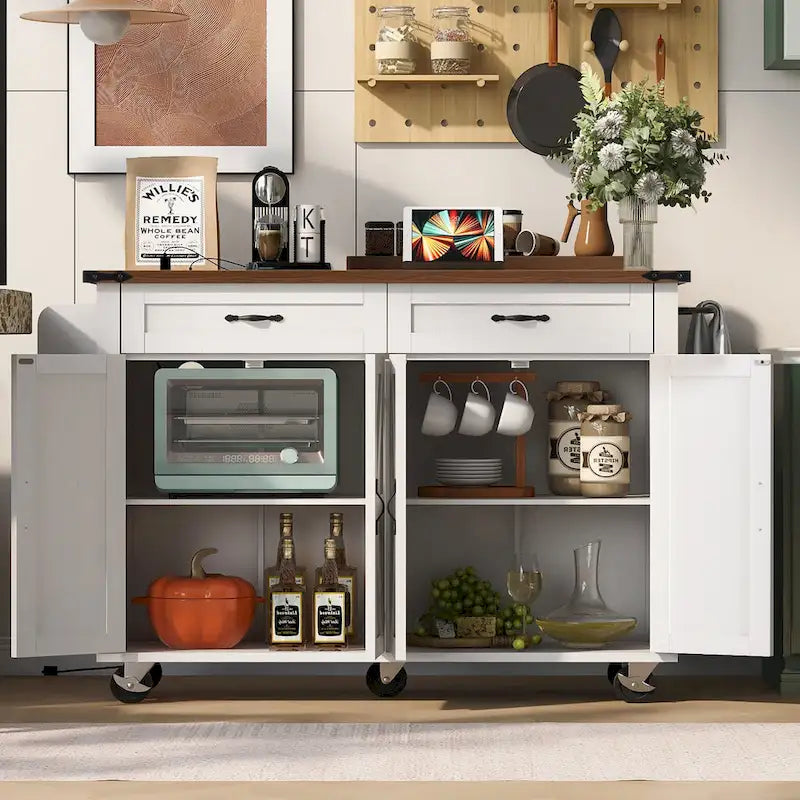 Rolling Kitchen Island Cart with Power Outlet, Drawers and Cabinet Storage