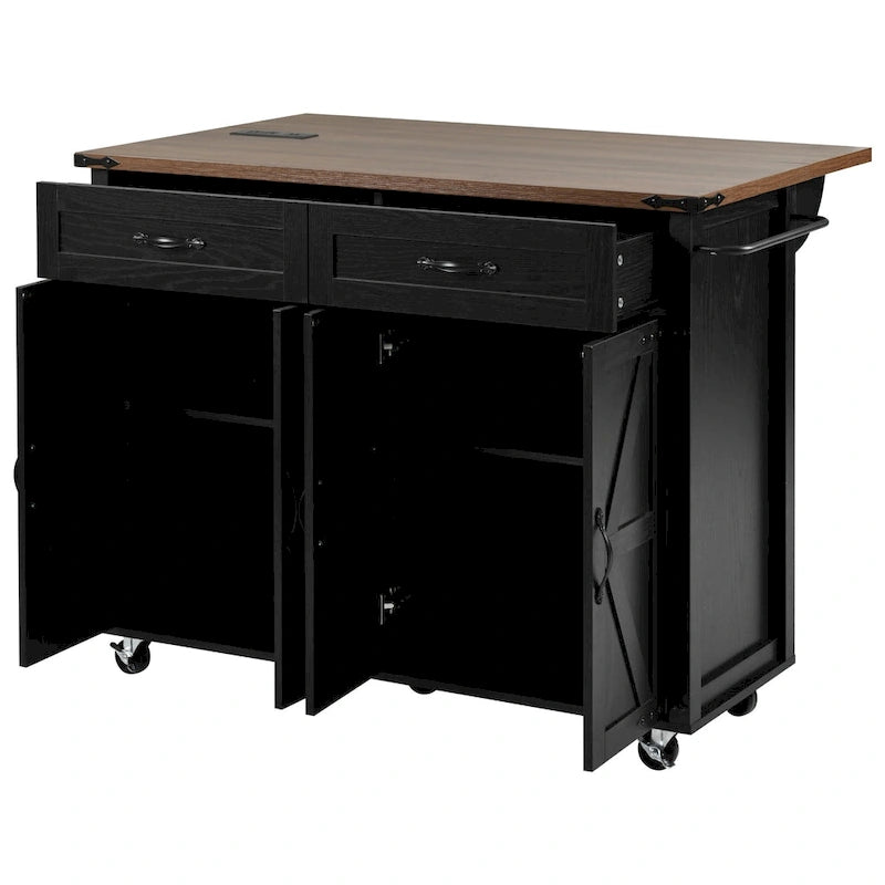 Rolling Kitchen Island Cart with Power Outlet, Drawers and Cabinet Storage