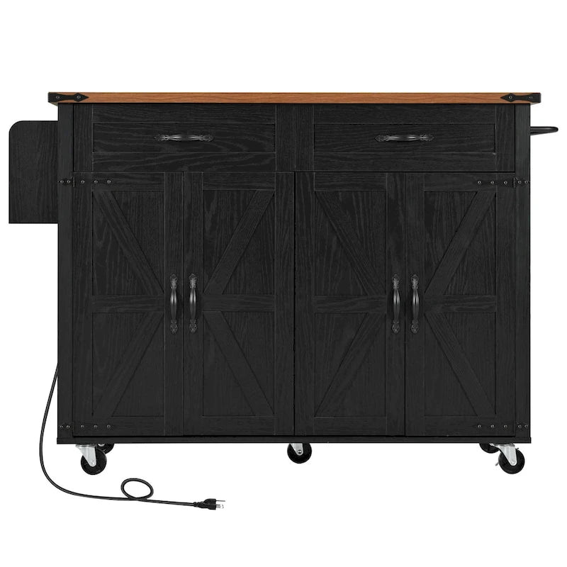 Rolling Kitchen Island Cart with Power Outlet, Drawers and Cabinet Storage