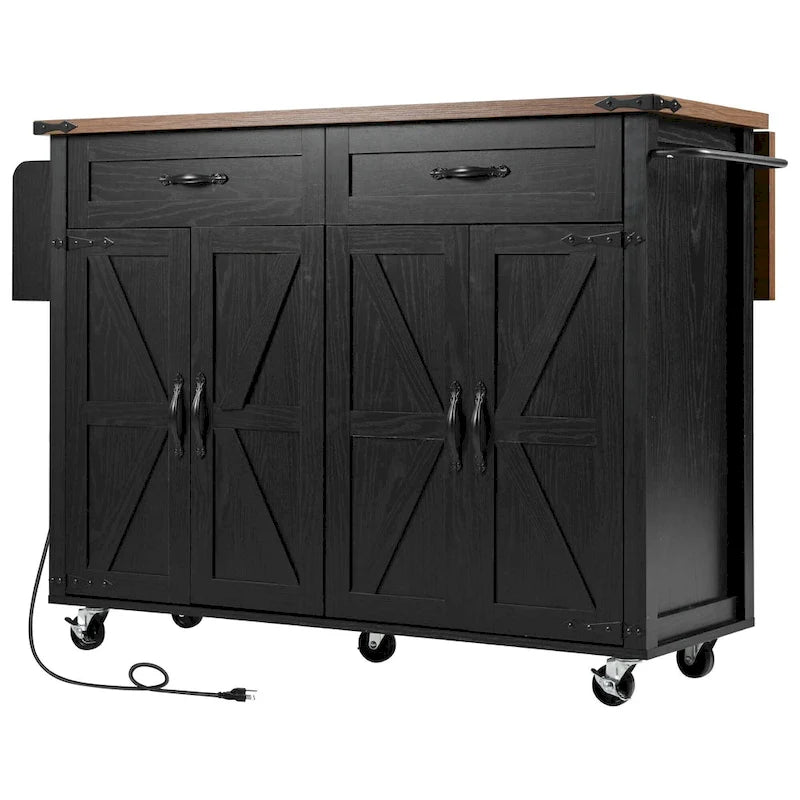 Rolling Kitchen Island Cart with Power Outlet, Drawers and Cabinet Storage