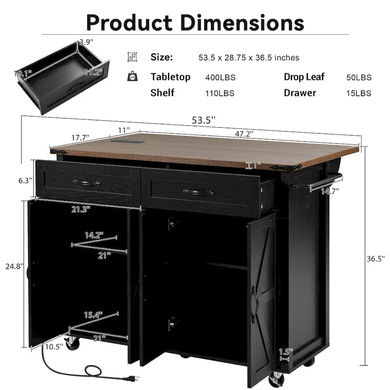 Rolling Kitchen Island Cart with Power Outlet, Drawers and Cabinet Storage