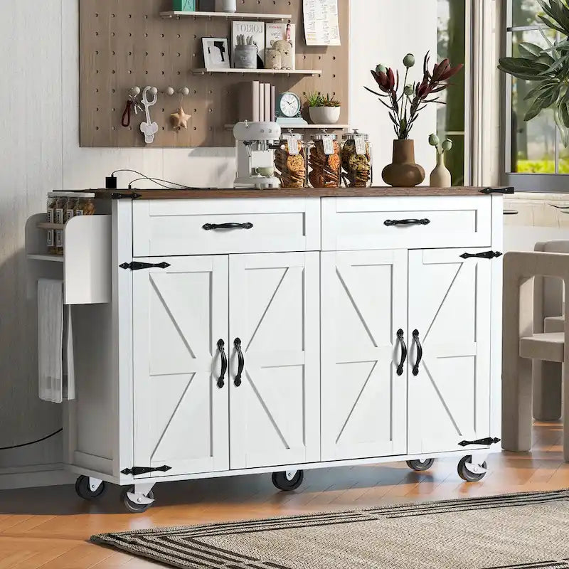 Rolling Kitchen Island Cart with Power Outlet, Drawers and Cabinet Storage