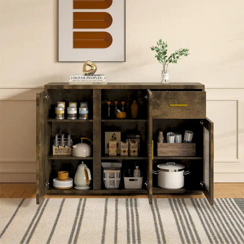 Rustic Brown Wood Buffet Sideboard Cabinet with Drawer Glass Door Gold Handles