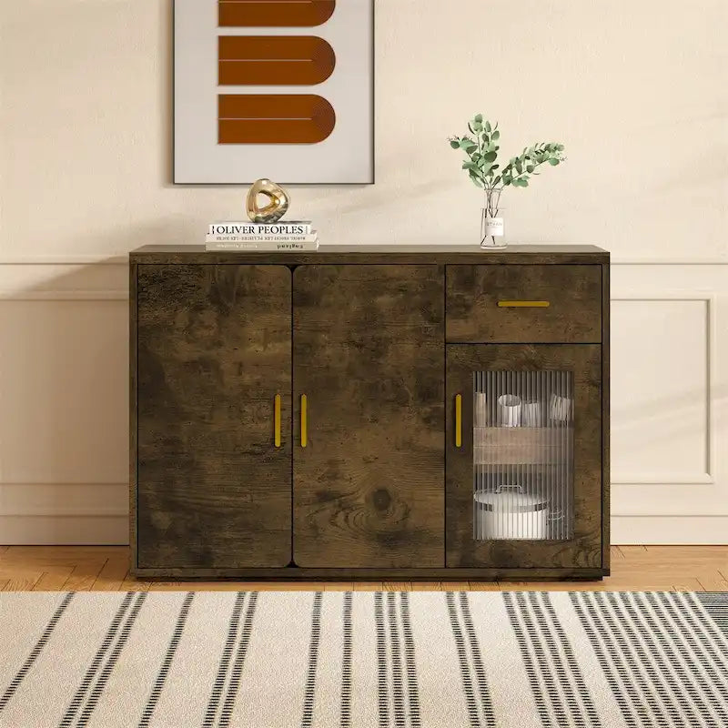 Rustic Brown Wood Buffet Sideboard Cabinet with Drawer Glass Door Gold Handles