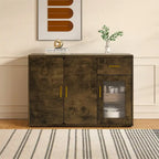 Rustic Brown Wood Buffet Sideboard Cabinet with Drawer Glass Door Gold Handles