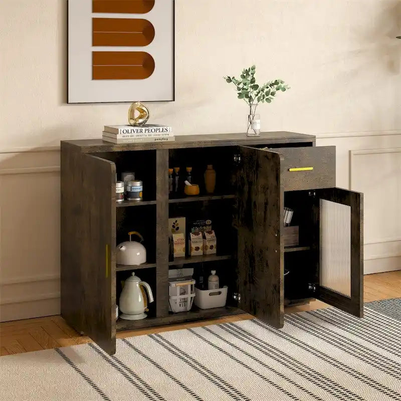 Rustic Brown Wood Buffet Sideboard Cabinet with Drawer Glass Door Gold Handles