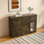 Rustic Brown Wood Buffet Sideboard Cabinet with Drawer Glass Door Gold Handles