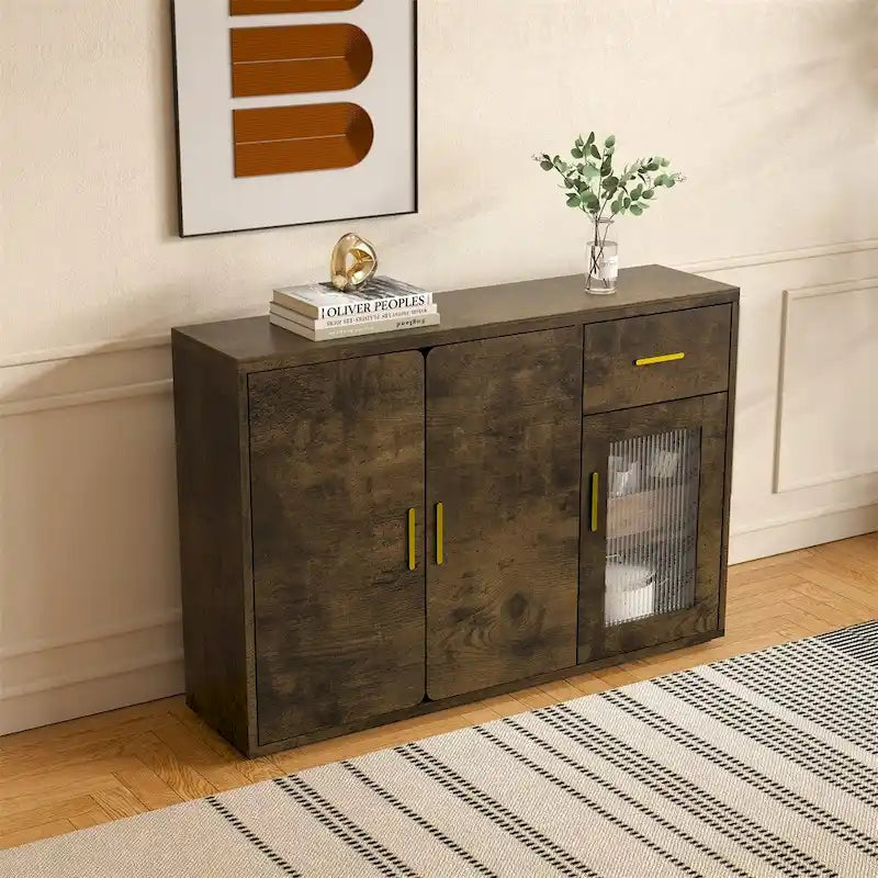 Rustic Brown Wood Buffet Sideboard Cabinet with Drawer Glass Door Gold Handles