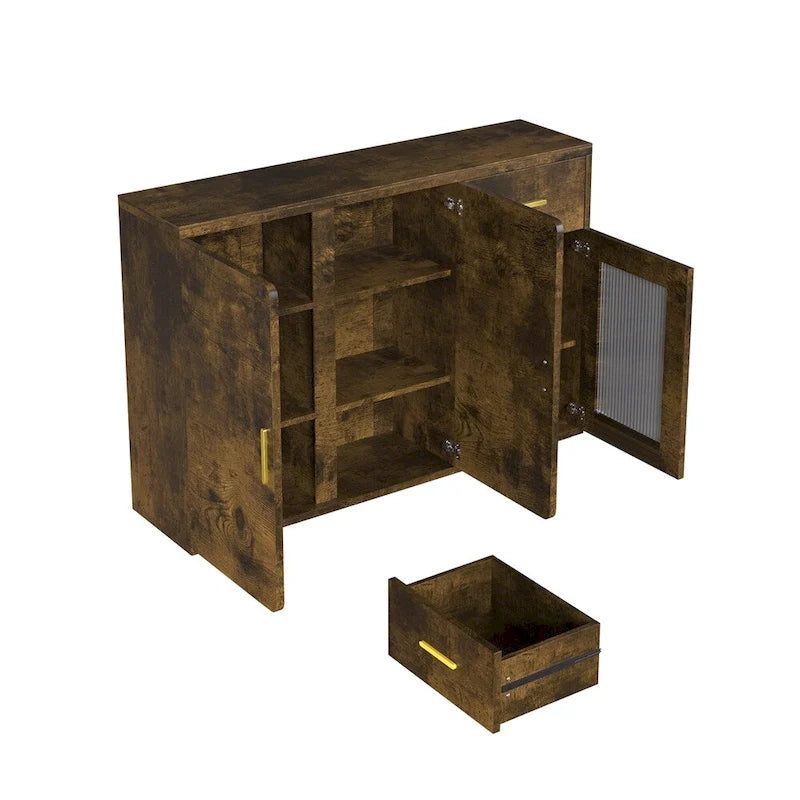 Rustic Brown Wood Buffet Sideboard Cabinet with Drawer Glass Door Gold Handles