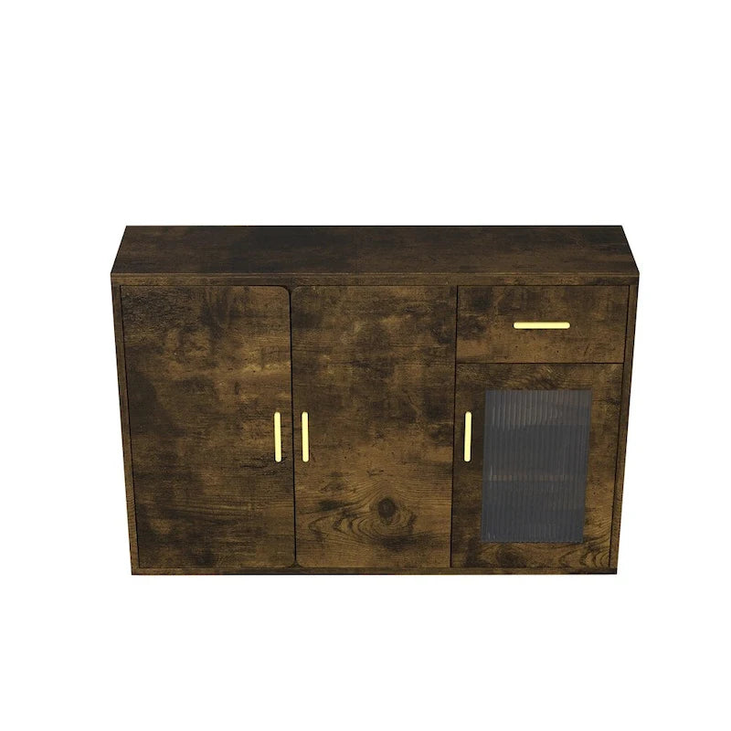 Rustic Brown Wood Buffet Sideboard Cabinet with Drawer Glass Door Gold Handles