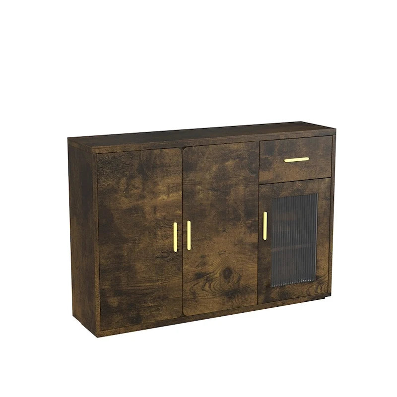 Rustic Brown Wood Buffet Sideboard Cabinet with Drawer Glass Door Gold Handles