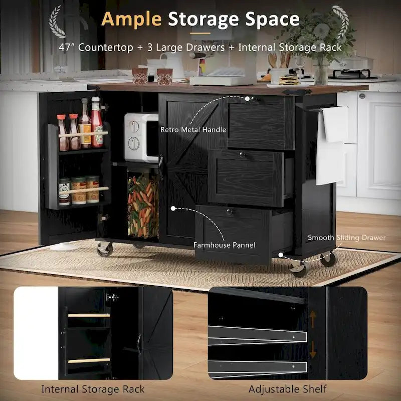 54.5 Kitchen Island with Power Outlet and Drop Leaf for Kitchen