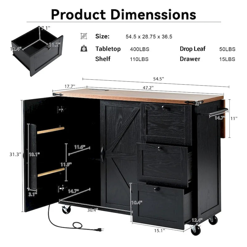 54.5 Kitchen Island with Power Outlet and Drop Leaf for Kitchen