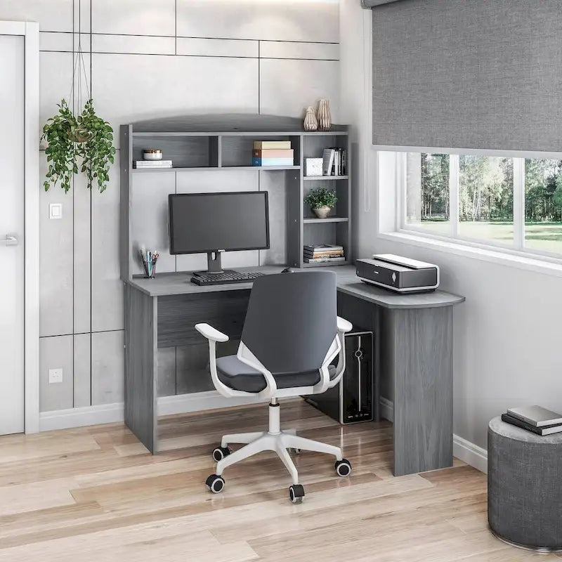  Modern L-Shaped Desk with Hutch Grey