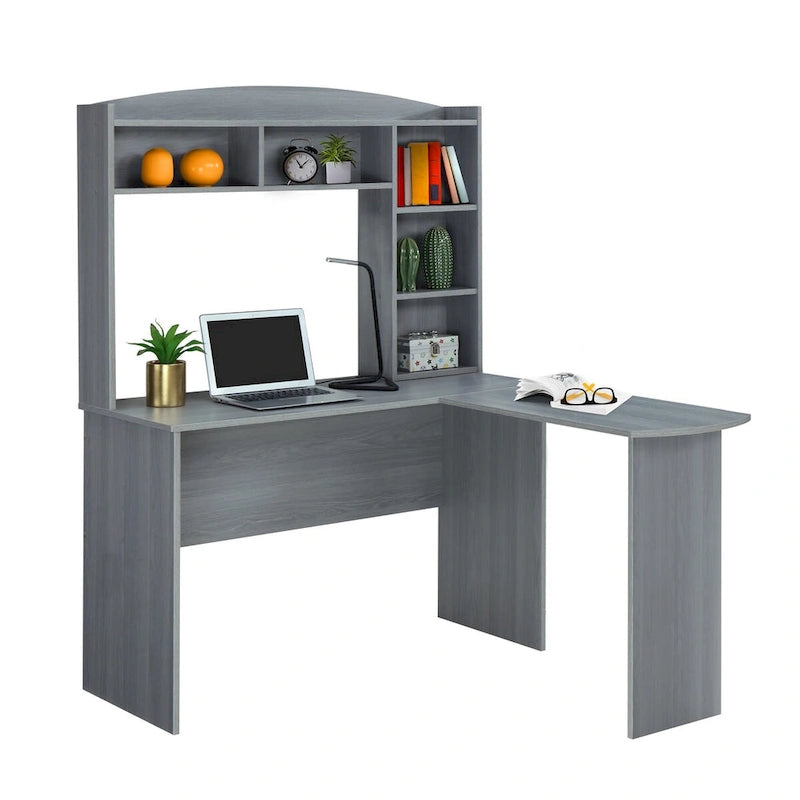 Modern L-Shaped Desk with Hutch Grey