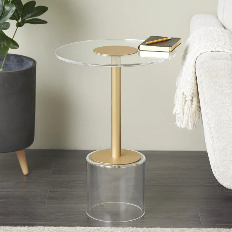 Acrylic Plastic Side End Accent Table with Elevated Base and Gold Stand - Clear